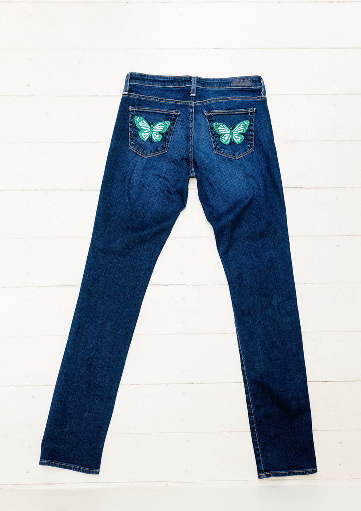 Dark Wash Denim with Butterfly Embroidery for Women. Hand Stitched in Guatemala.