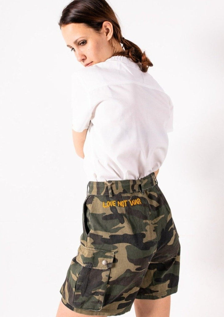 Love Not War Vintage Camo Shorts. Handmade in Guatemala. Hand-Stitched by Artisans. Fair Trade Fashion. Ethically-Made. 