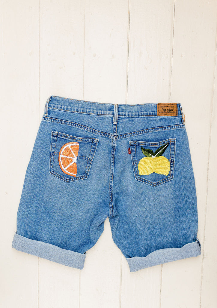 Juice Orange and Lemon Shorts. Hand-Embroidered by Guatemalan Artisans. Denim Shorts. Fair Wages for All.  Fair Trade Fashion. Ethically-Made